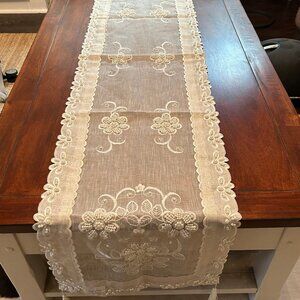 White Lace Table Runner with Tassels & Faux Pearls 16x72 Inch NWT